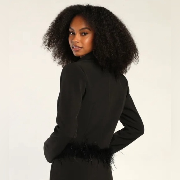 Lulus Celebratory Sweetie Crop Blazer Ostrich Feather Black Large Cocktail Chic - Picture 5 of 13